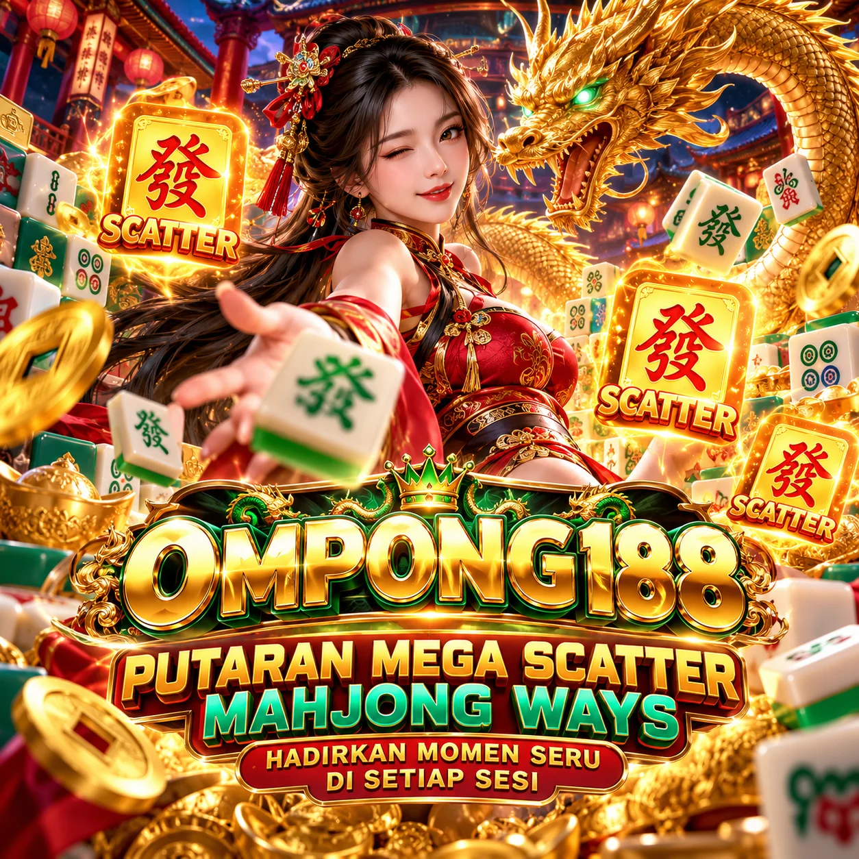 Banner emas OMPONG188 dengan nuansa merah dan keemasan